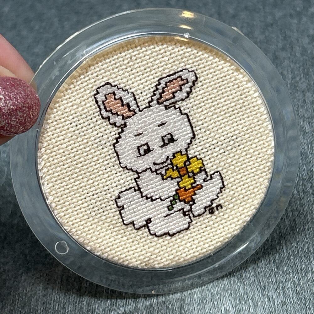 Old Cross Stitch Bunny Rabbit Magnet 2.75" Yellow Flower Finished Needlepoint en